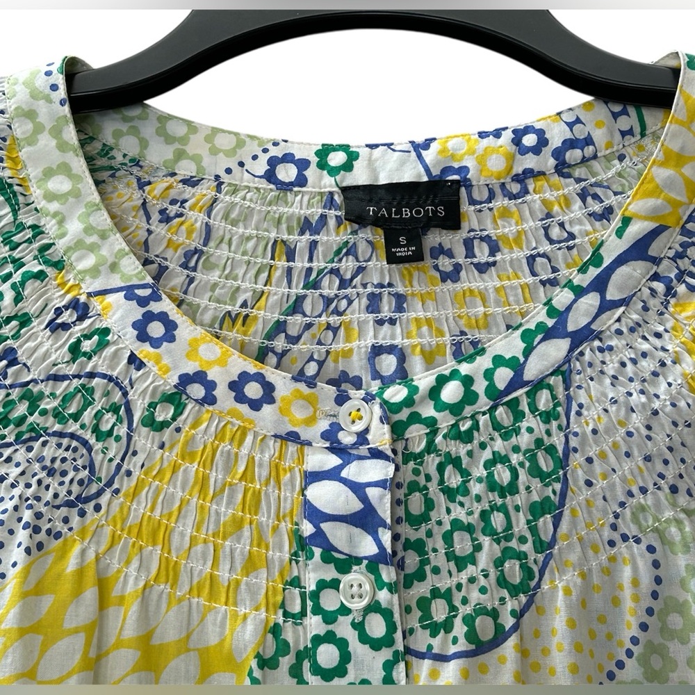 Talbots Smocked Peasant Blouse Button Up Crochet Accents Green Blue Yellow Sz S - Picture 6 of 10